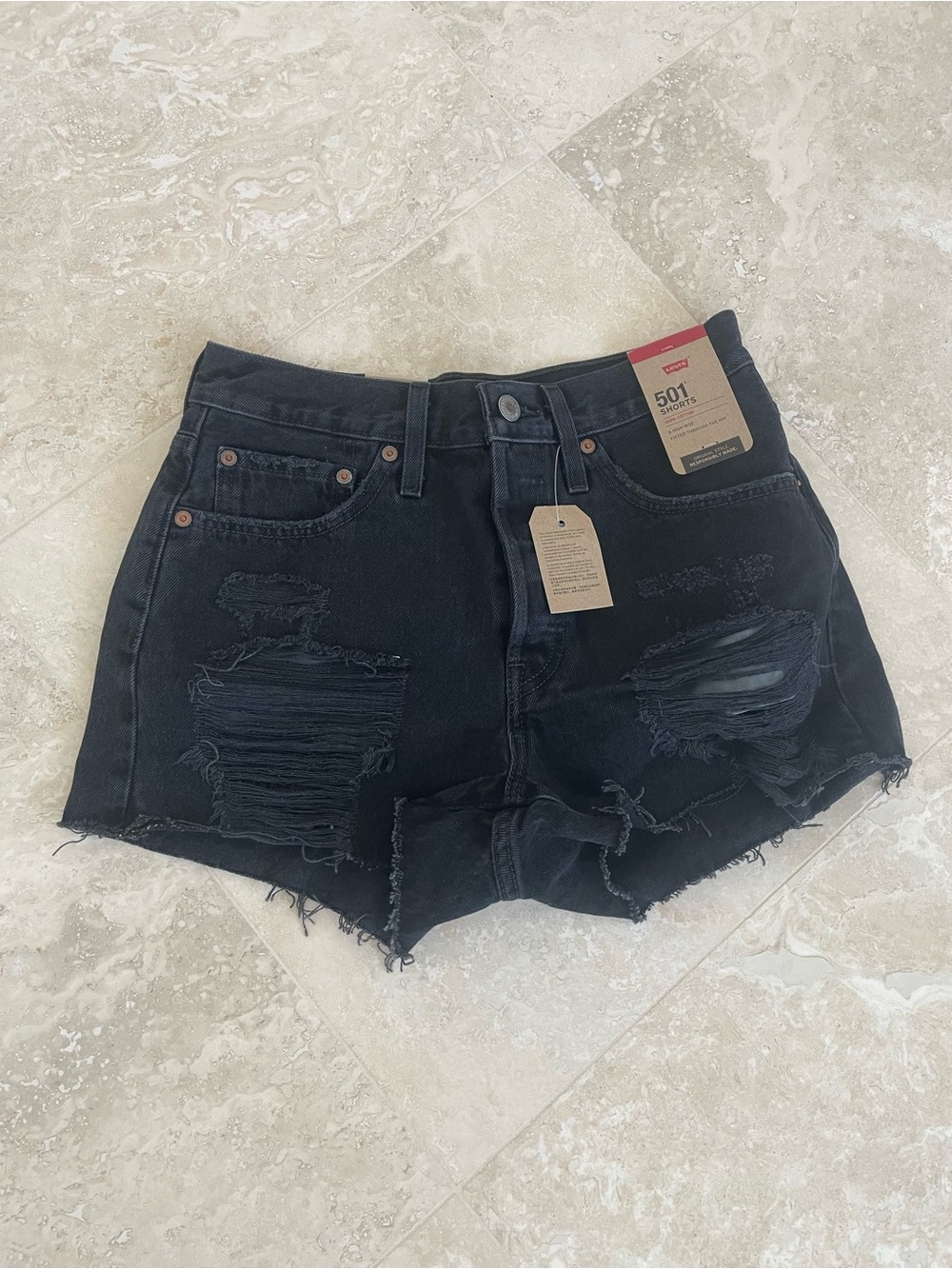 NWT Levi’s Black Denim 501 High Rise Distressed Cutoff Shorts